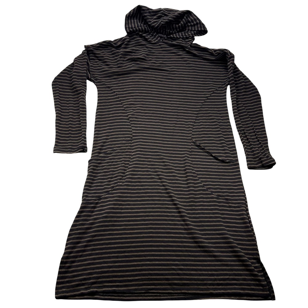 Cut Loose Striped Hooded Tunic Dress Black Brown Long Sleeve Pocketed XS